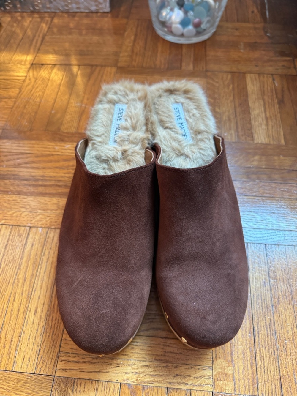 Steve Madden Brown Suede Faux-Fur Lined Mule Slippers